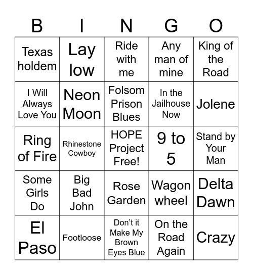 Hope project Country Music Bingo Card