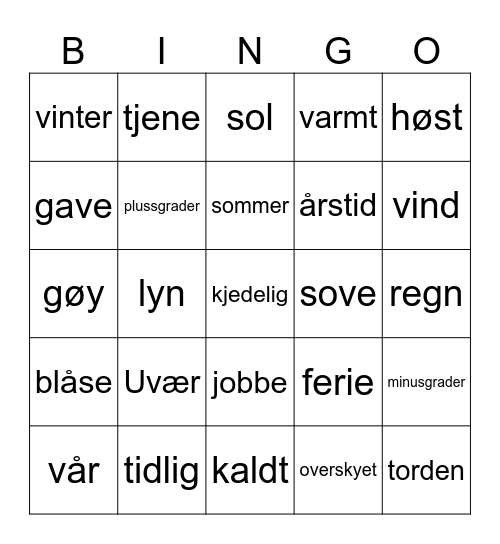 Tidsuttrykk og vær Bingo Card