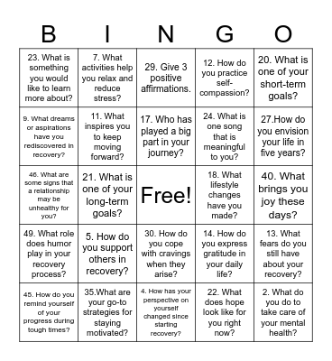 Recovery Bingo Card