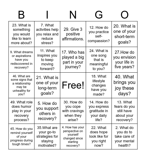Recovery Bingo Card