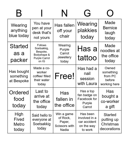 Purple Carrot Bingo Card