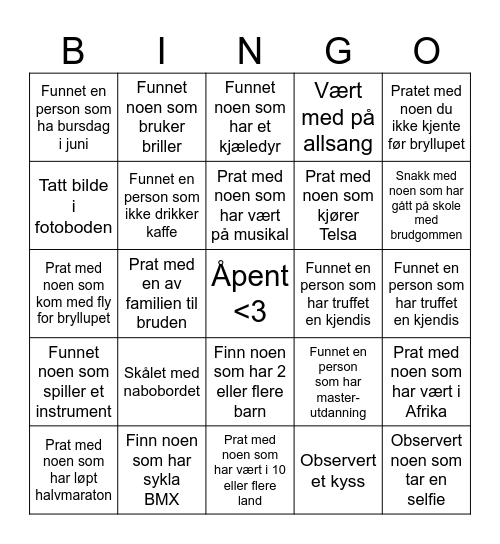 Bryllup Kristina + Anders - 4 Bingo Card