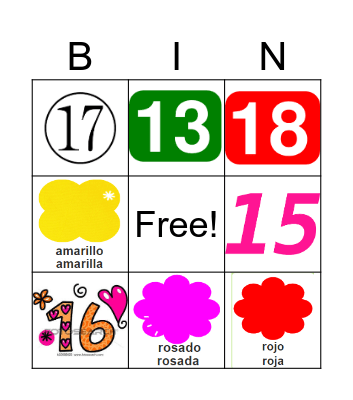 Los numeros del 11 al 20 y los colores Bingo Card