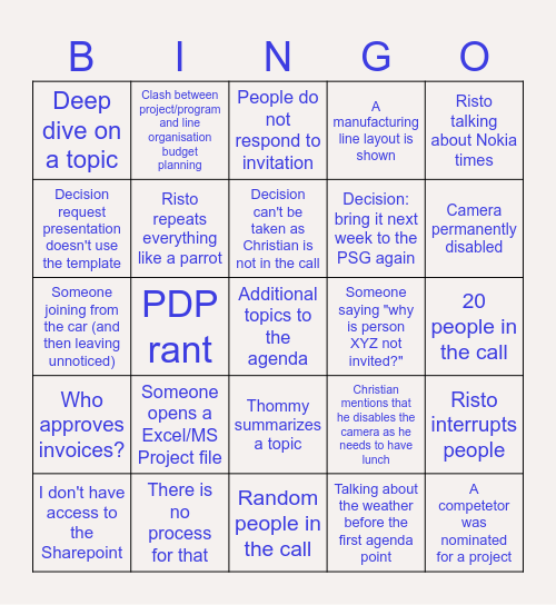 PSG BULLSHIT BINGO Card