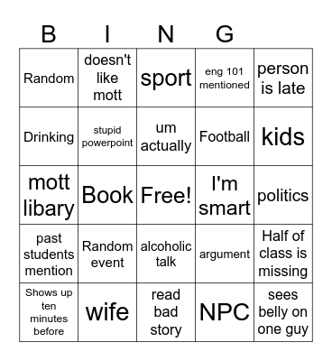 English Class Bingo Card