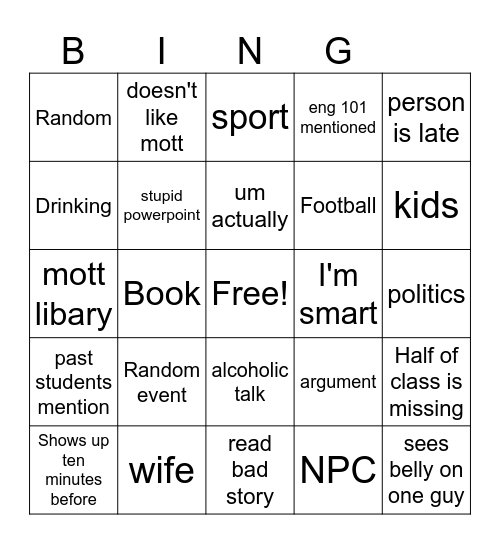 English Class Bingo Card