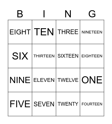 number words Bingo Card