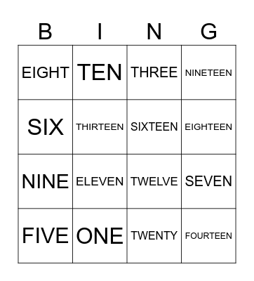 number words Bingo Card