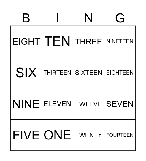 number words Bingo Card
