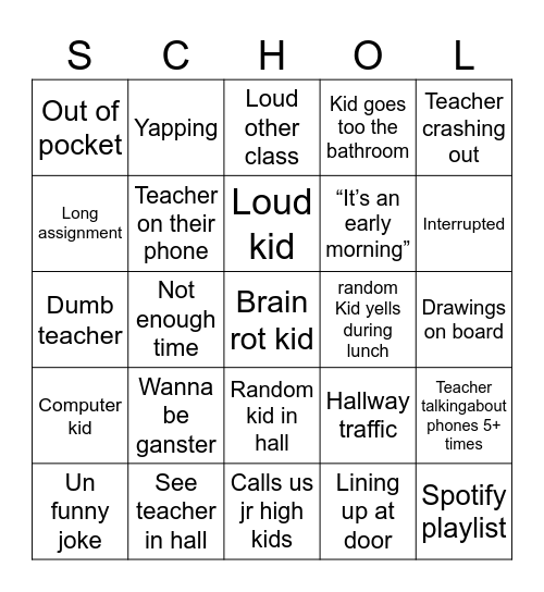 School bingo Card