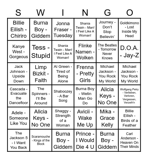 SWINGO Bingo Card