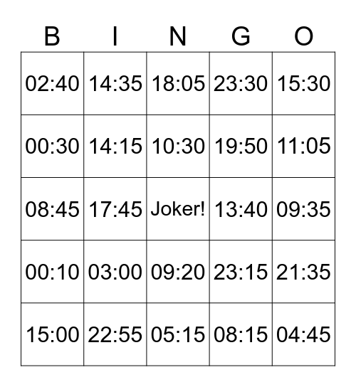 Bingo de l'heure Bingo Card