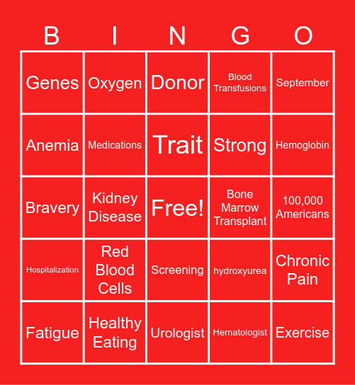 Sickle Cell Bingo Card