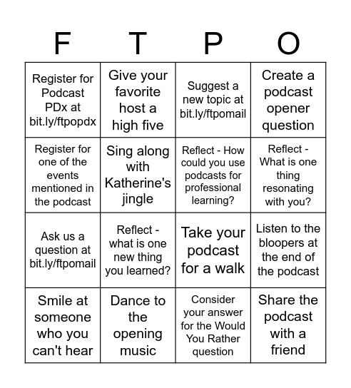 For the Purpose of... Podcast Bingo Card