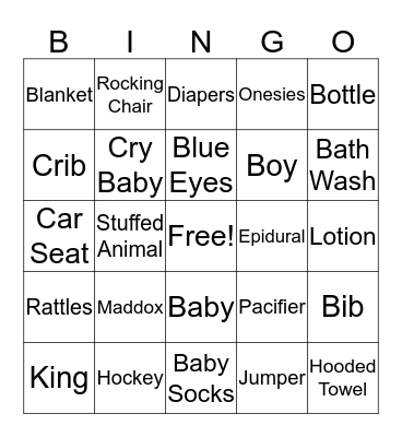 Erica's Baby Shower Bingo Card