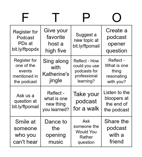 For the Purpose of... Podcast Bingo Card