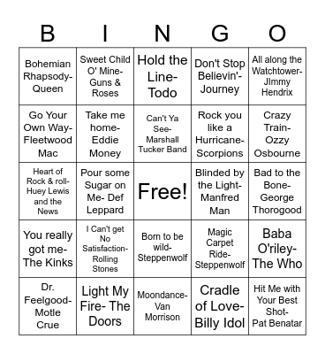 Rock 'n Roll Bingo Card