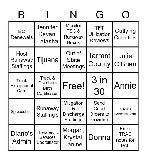 Therapeutic Services Bingo Card