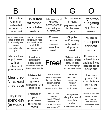 Financial Wellness Bingo Card