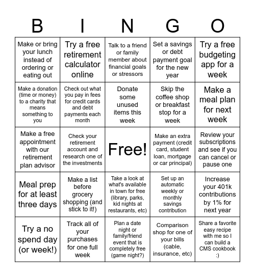 Financial Wellness Bingo Card