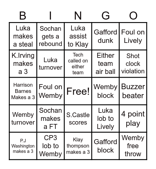 Mavs Vs Spurs Bingo Card