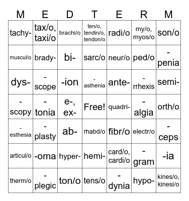 Muscular System Word Parts Bingo Card