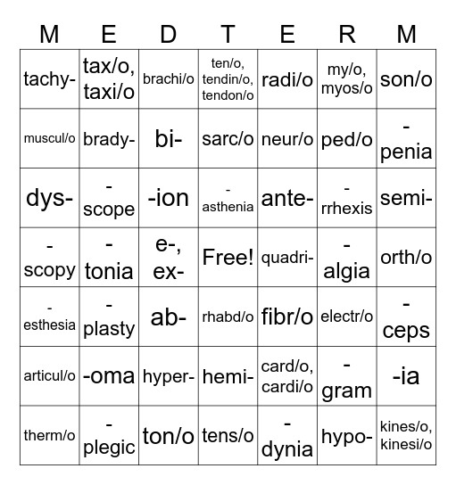 Muscular System Word Parts Bingo Card