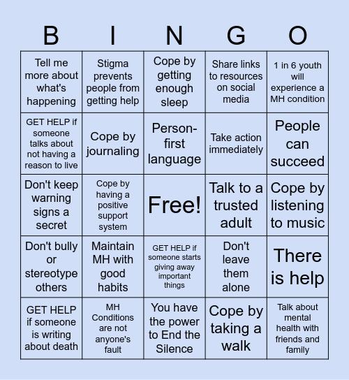 NAMI Ending the Silence Bingo Card