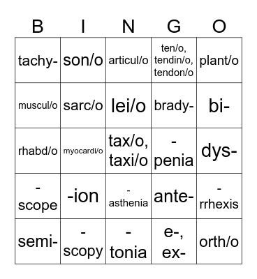 Muscular System Word Parts Bingo Card