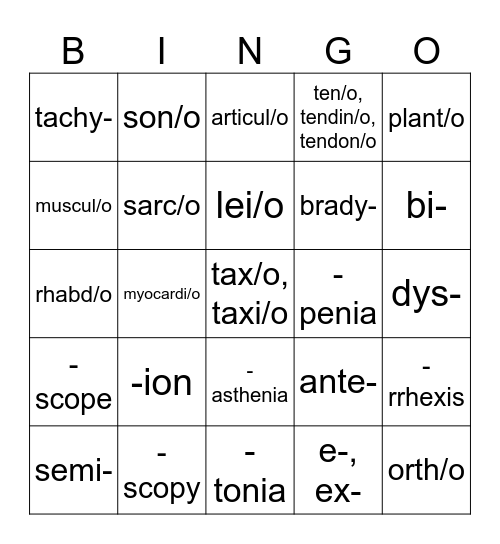 Muscular System Word Parts Bingo Card