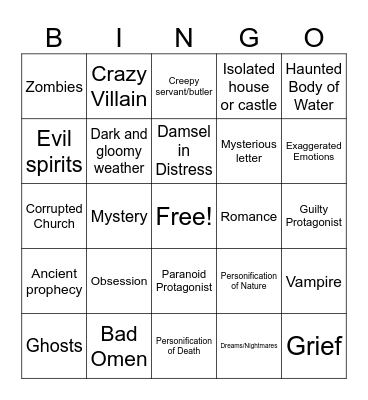 Gothic Lit Bingo Card