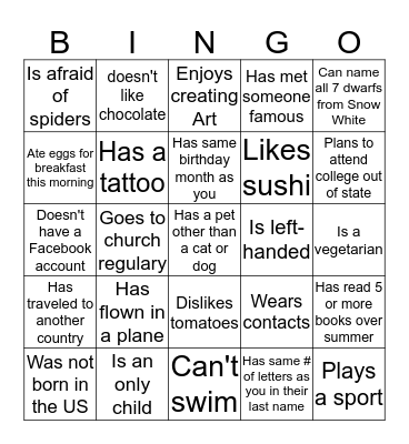 Meet My Classmates Bingo Card