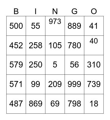 NUMEROS 0-999 Bingo Card