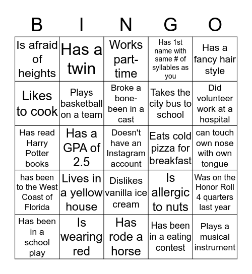 Meet My Classmates Bingo Card