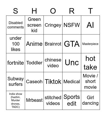 Youtube shorts!! Bingo Card