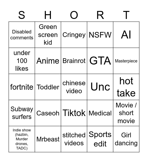 Youtube shorts!! Bingo Card