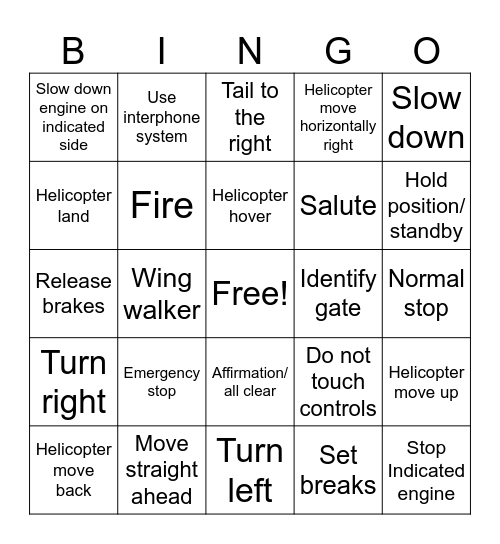 Aviation marshalling Bingo Card