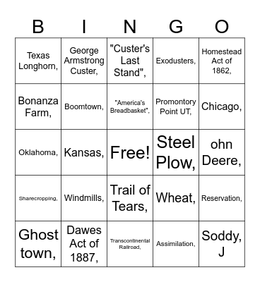 Western Expansion Bingo Card