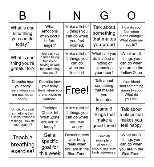 Social Emotional Bingo! Bingo Card