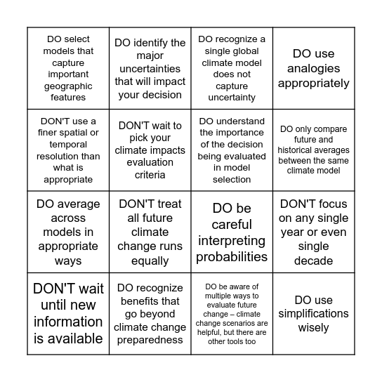 Dos and Don'ts Bingo Card