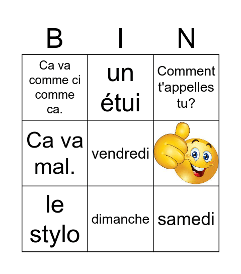 French Greetings, Colours, Days of the Week Bingo Card