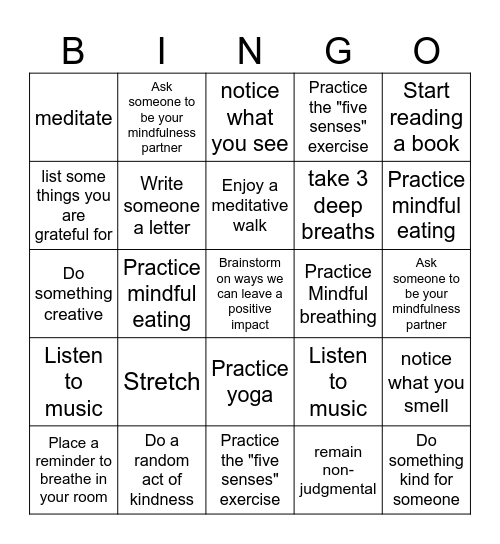 Mindfulness BINGO Card