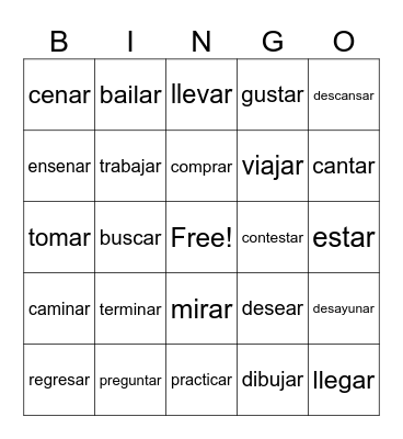 AR verbs Bingo Card