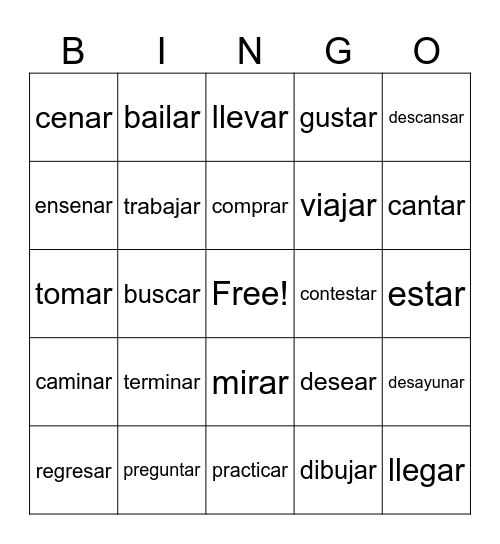 AR verbs Bingo Card