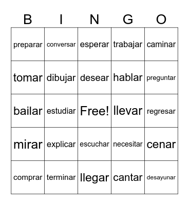 Spanish -ar Conjugation Bingo Card