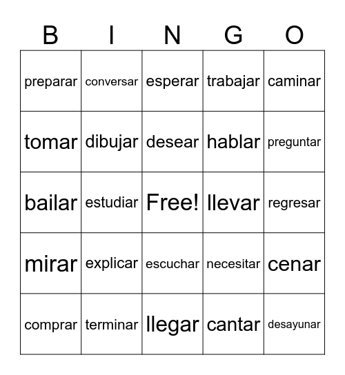 Spanish -ar Conjugation Bingo Card