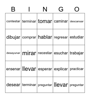 Spanish -ar Verbs Bingo Card