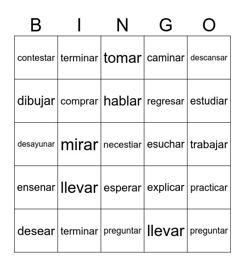 Spanish -ar Verbs Bingo Card