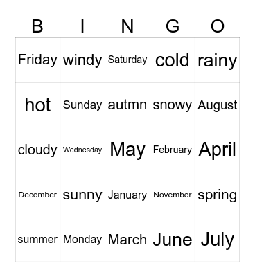 Days/Months/Seasons/Weather Bingo Card