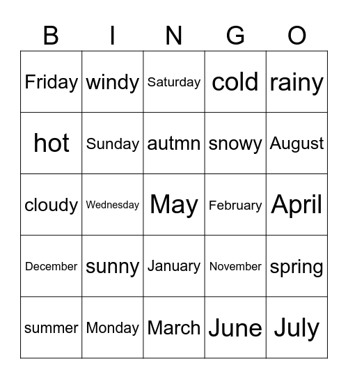 Days/Months/Seasons/Weather Bingo Card